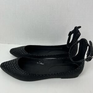 Joie Sz 9 Temple Black Embossed Leather Ankle Wrap Ballet Flats Pointed Toe